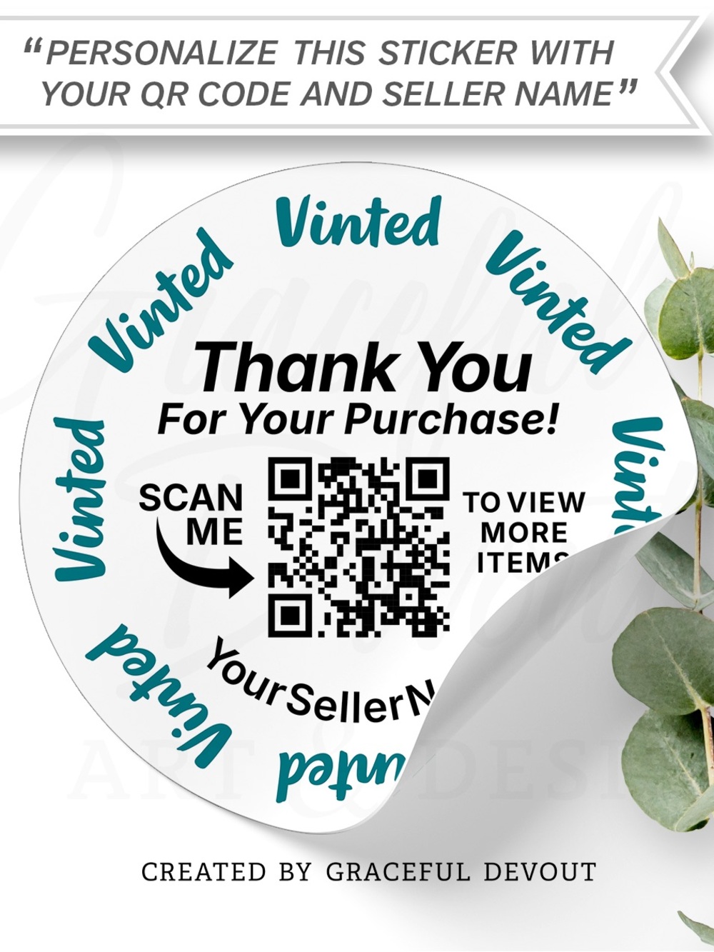 Thank You For Your Purchase, QR Code with Seller Name Stickers - 2” (inches)